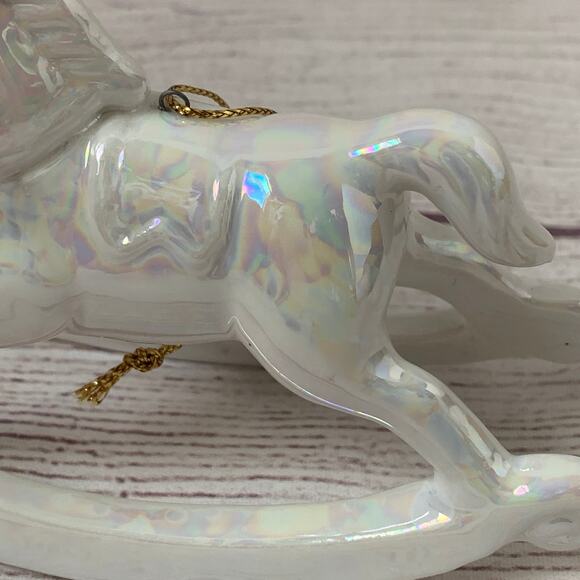 White Iridescent Rocking Horse Ornament with Red Bow and Bell 3 1/4" Tall - Picture 14 of 16